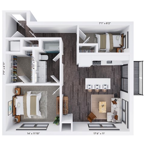 Floor plan for 1 bed, 1 bath, 992 sqft